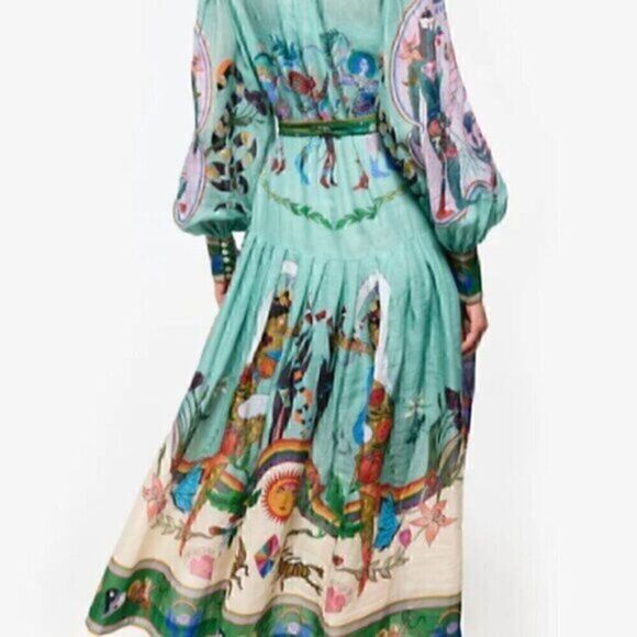 Green Colorful Art Long Balloon Sleeve Collar Button Down Midi Shirt Dress XL - Picture 3 of 16